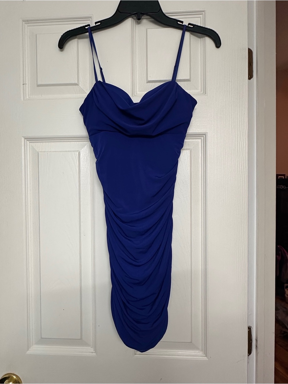 Emerald Sundae Royal Blue Cowl Neck Ruched Mini Dress
